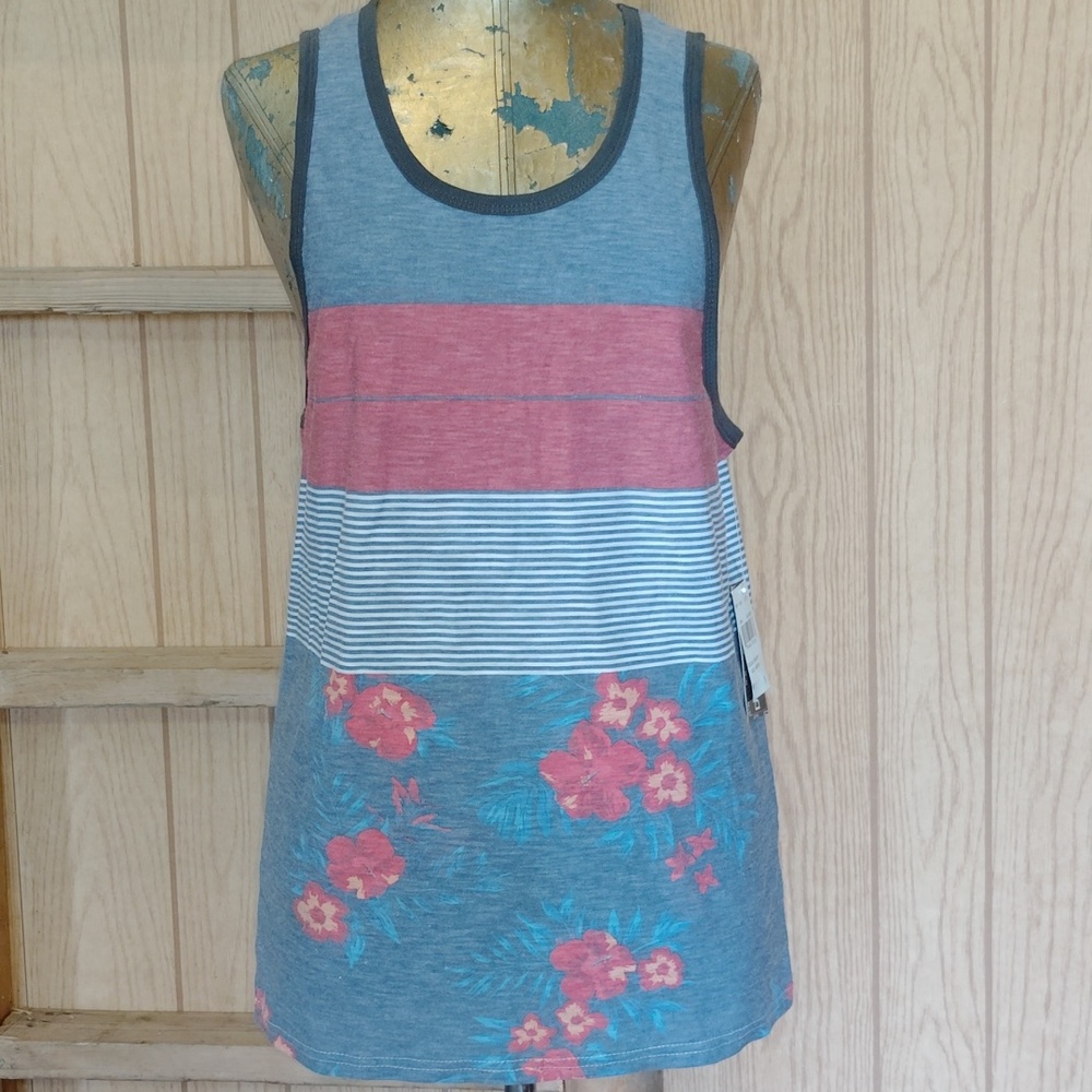 Distortion Tank Top in Color Block, Floral print, and Stripes Cotton Poly Blend